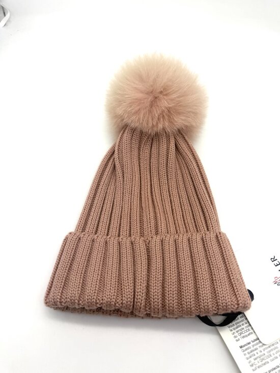 Moncler Knit Ribbed Beanie Hat With Pom 100% Wool Made in Italy